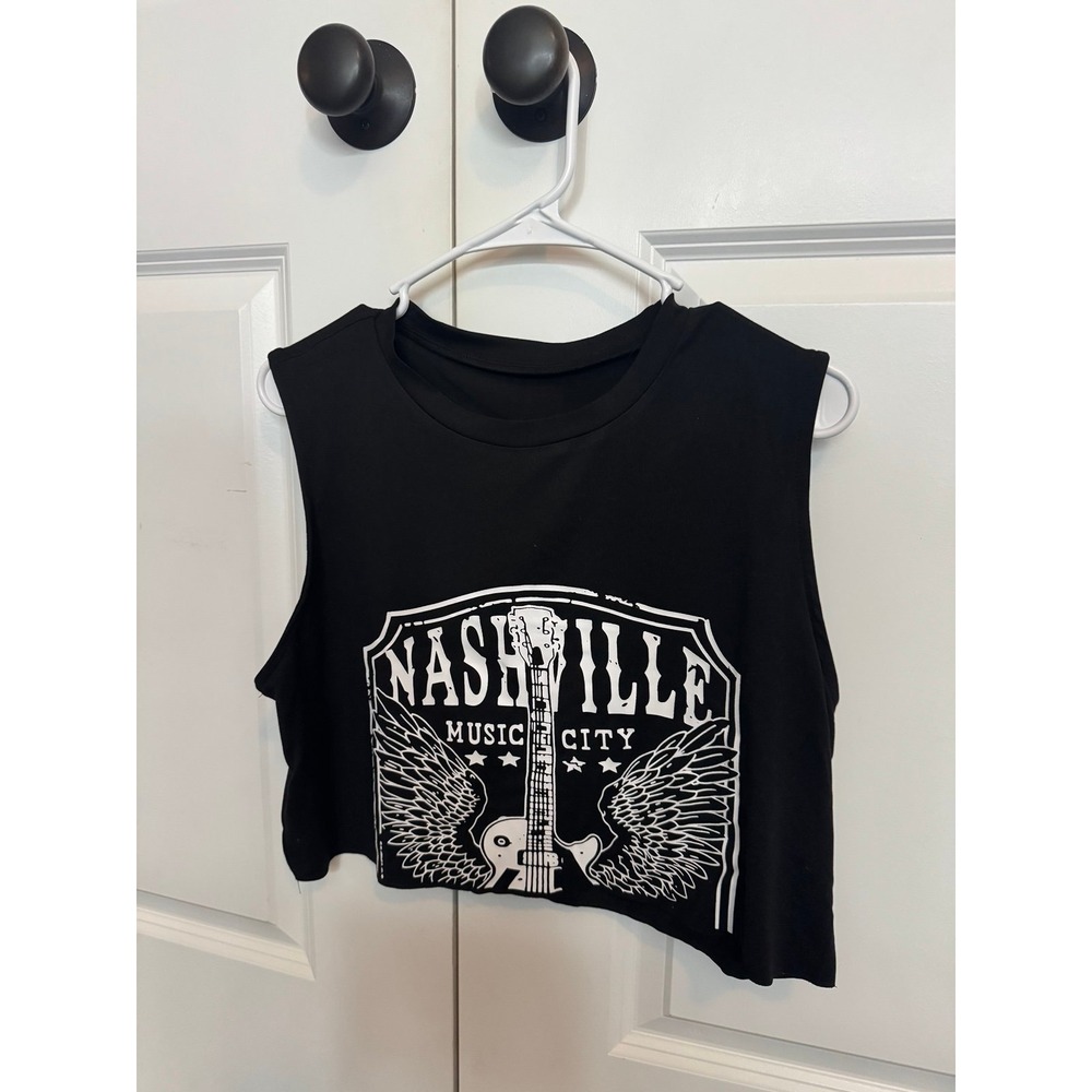 Nashville Music City Graphic Crop Tank Top Black Sleeveless Size L